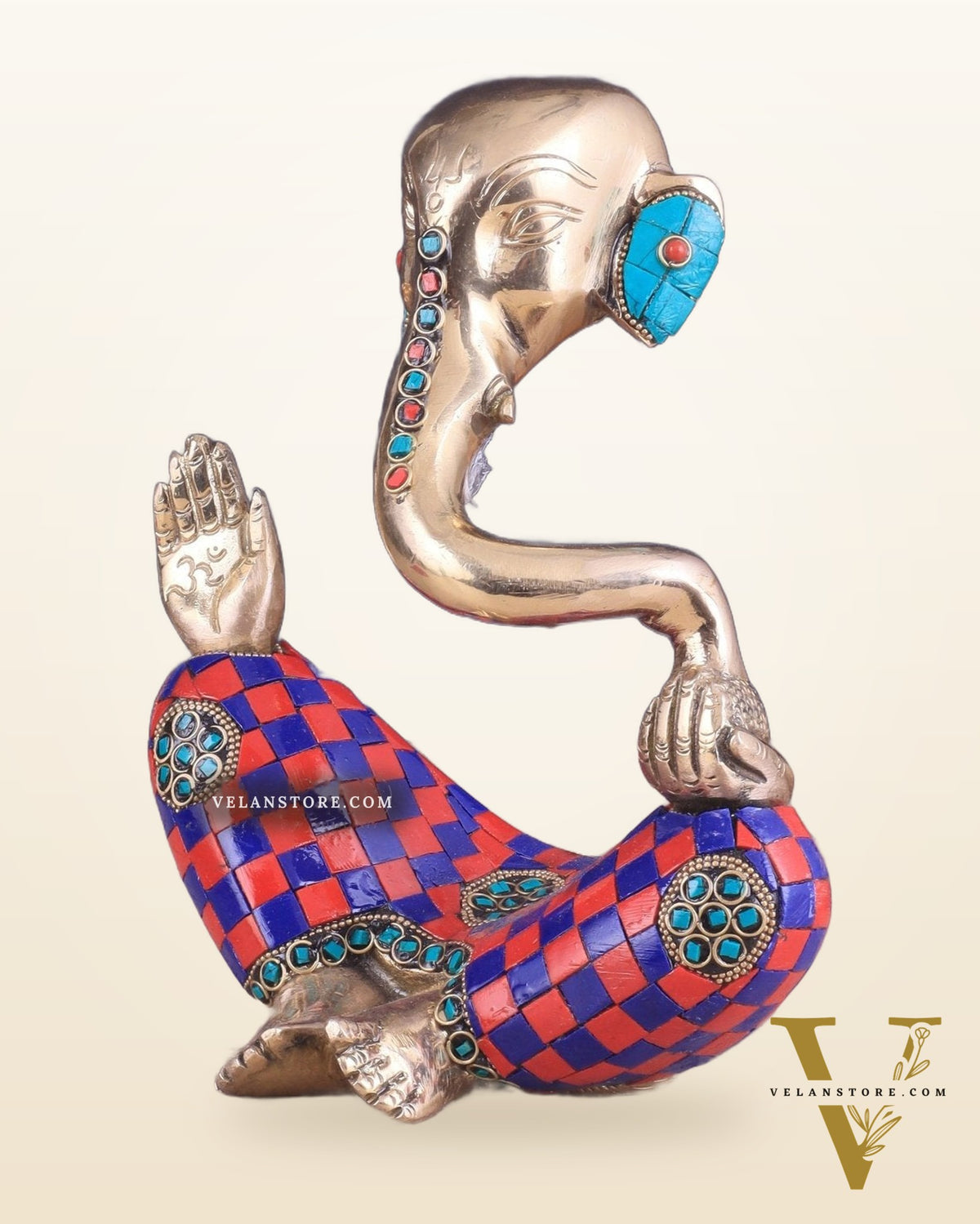 Ganesha Idol Abstract Brass with stonework 8.5 inch