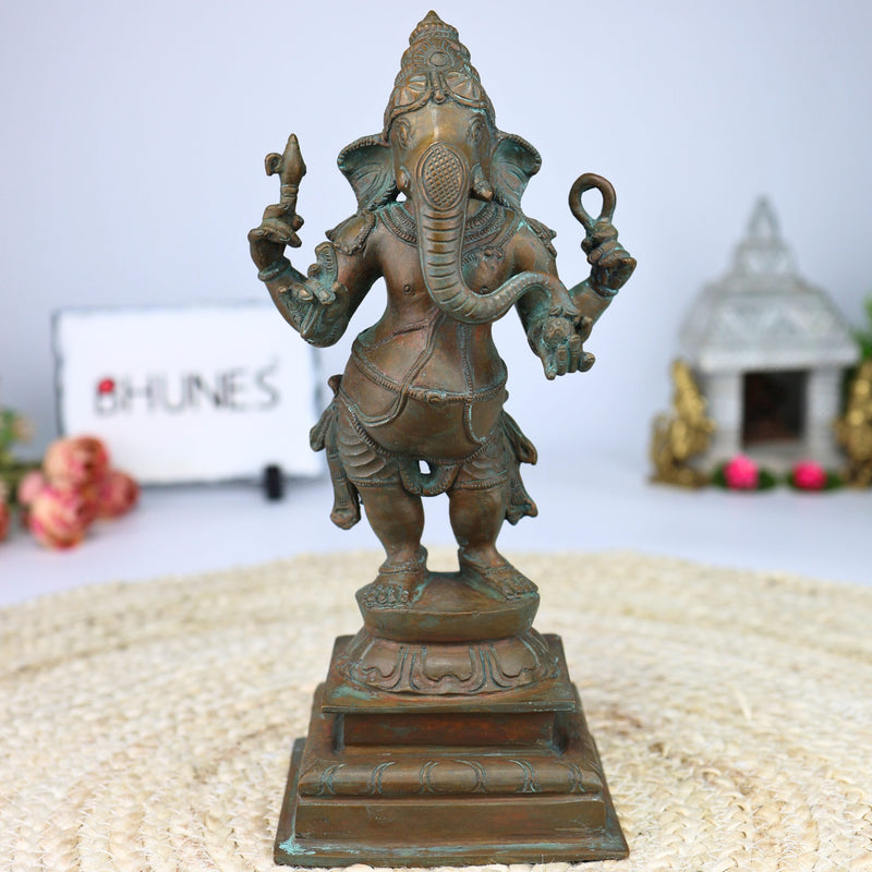 Handmade Bronze Standing Ganesha Idol, Panchaloha Ganpati Vigraha, Panchadhatu Ganesh Murti for Home, Temple & Gifting,Brown, 10 Inch, 1 Piece