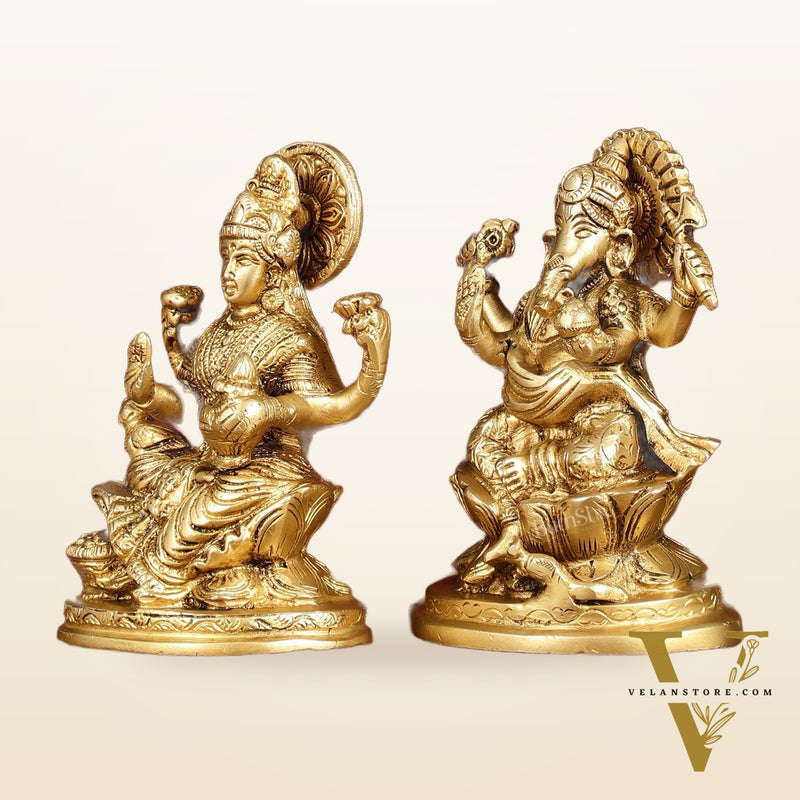 Ganesha Lakshmi Brass Idol Set -  5" antique tone