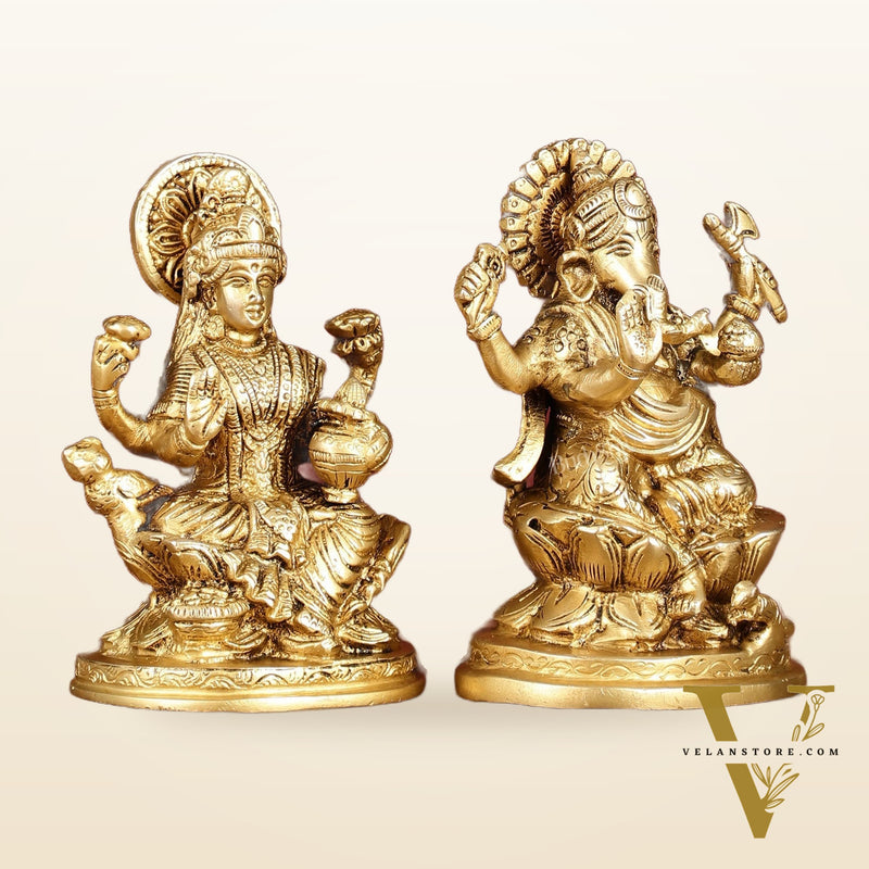 Ganesha Lakshmi Brass Idol Set -  5" antique tone