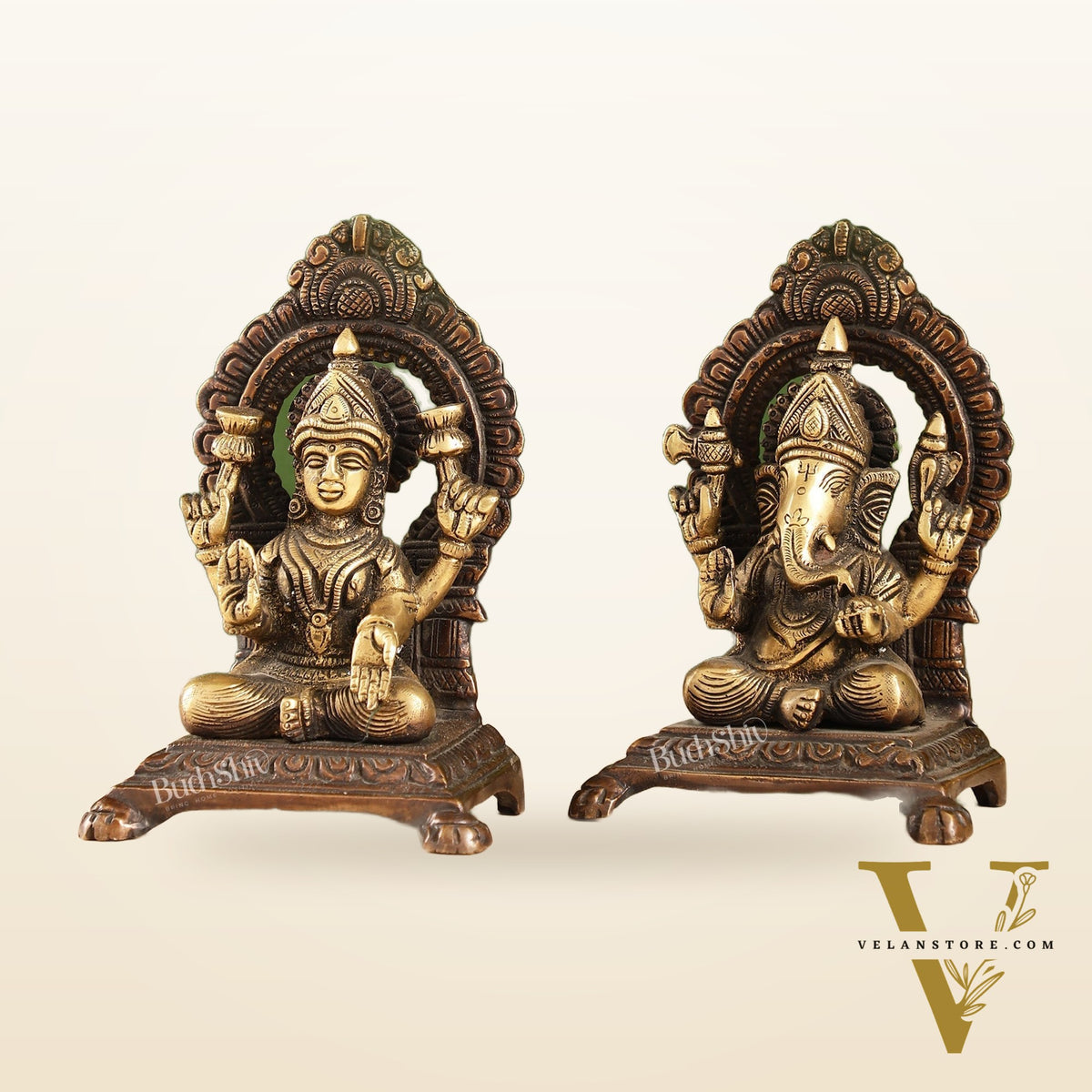 Ganesha Lakshmi Brass statue 7 inches brown finish