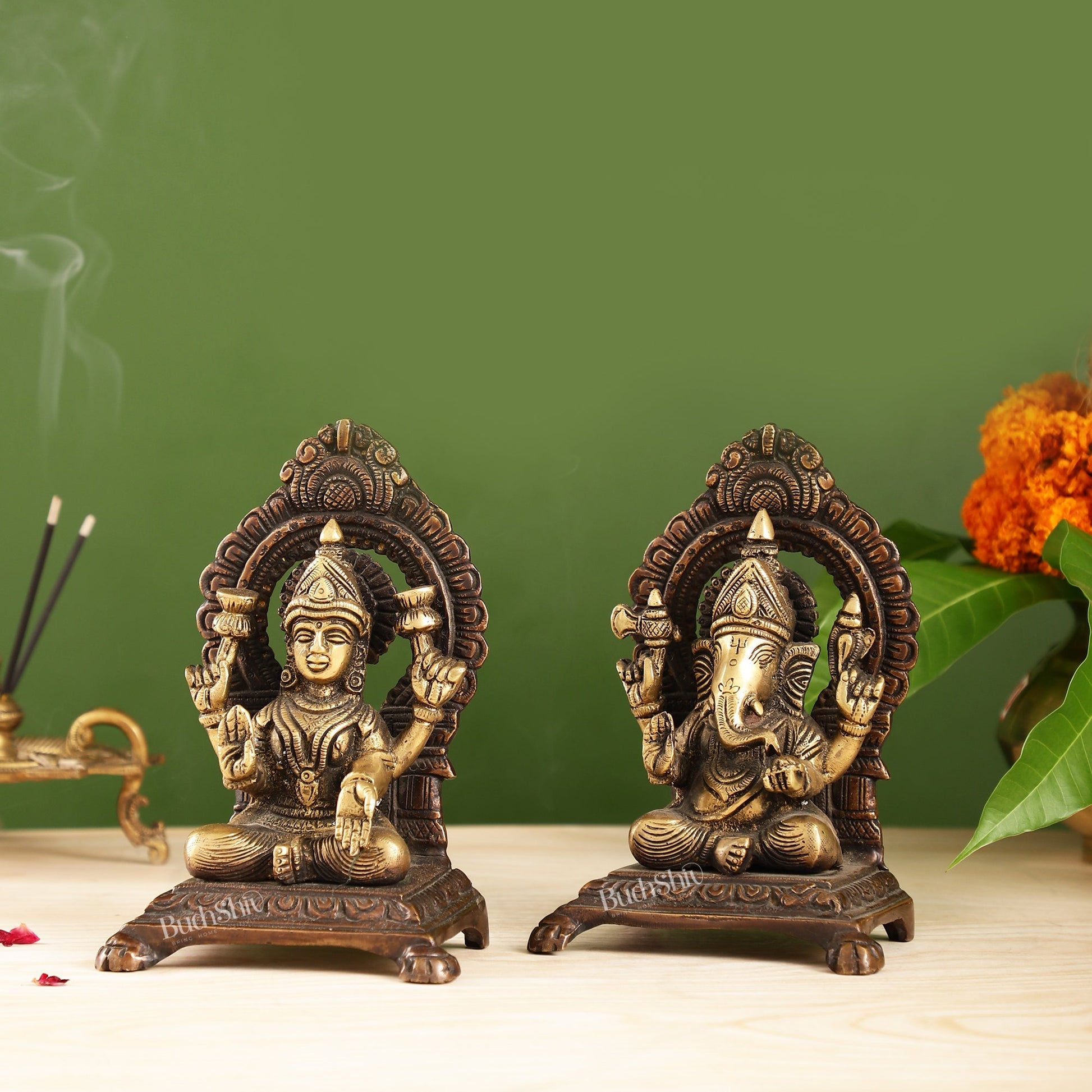 Ganesha Lakshmi Brass statue 7 inches brown finish