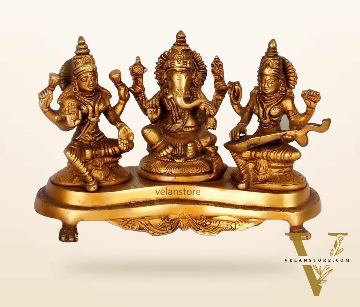 Ganesha Lakshmi Saraswati Brass Idol -6.5" golden