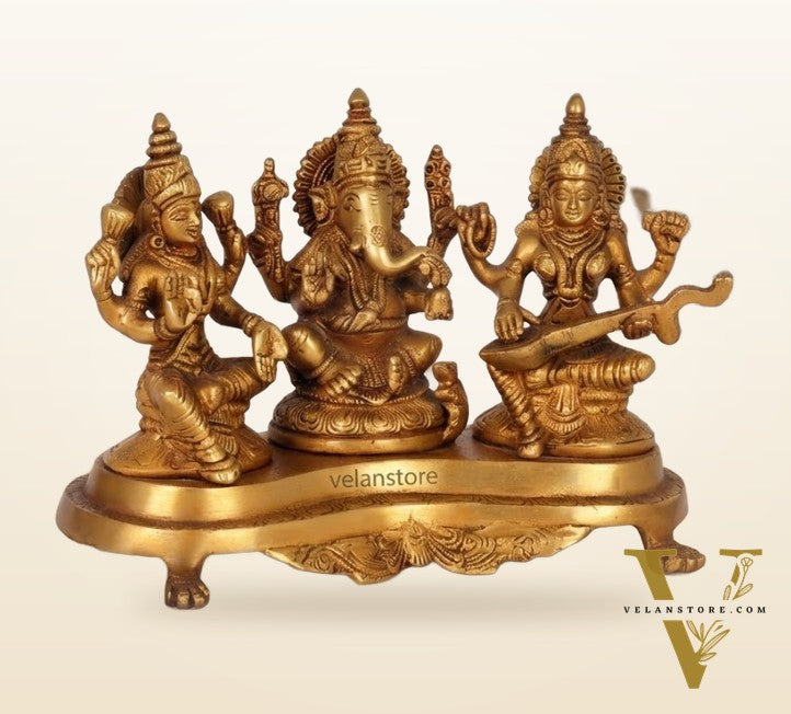 Ganesha Lakshmi Saraswati Brass Idol -6.5" golden