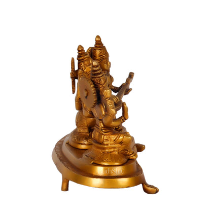 Ganesha Lakshmi Saraswati Brass Idol -6.5" golden