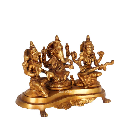 Ganesha Lakshmi Saraswati Brass Idol -6.5" golden
