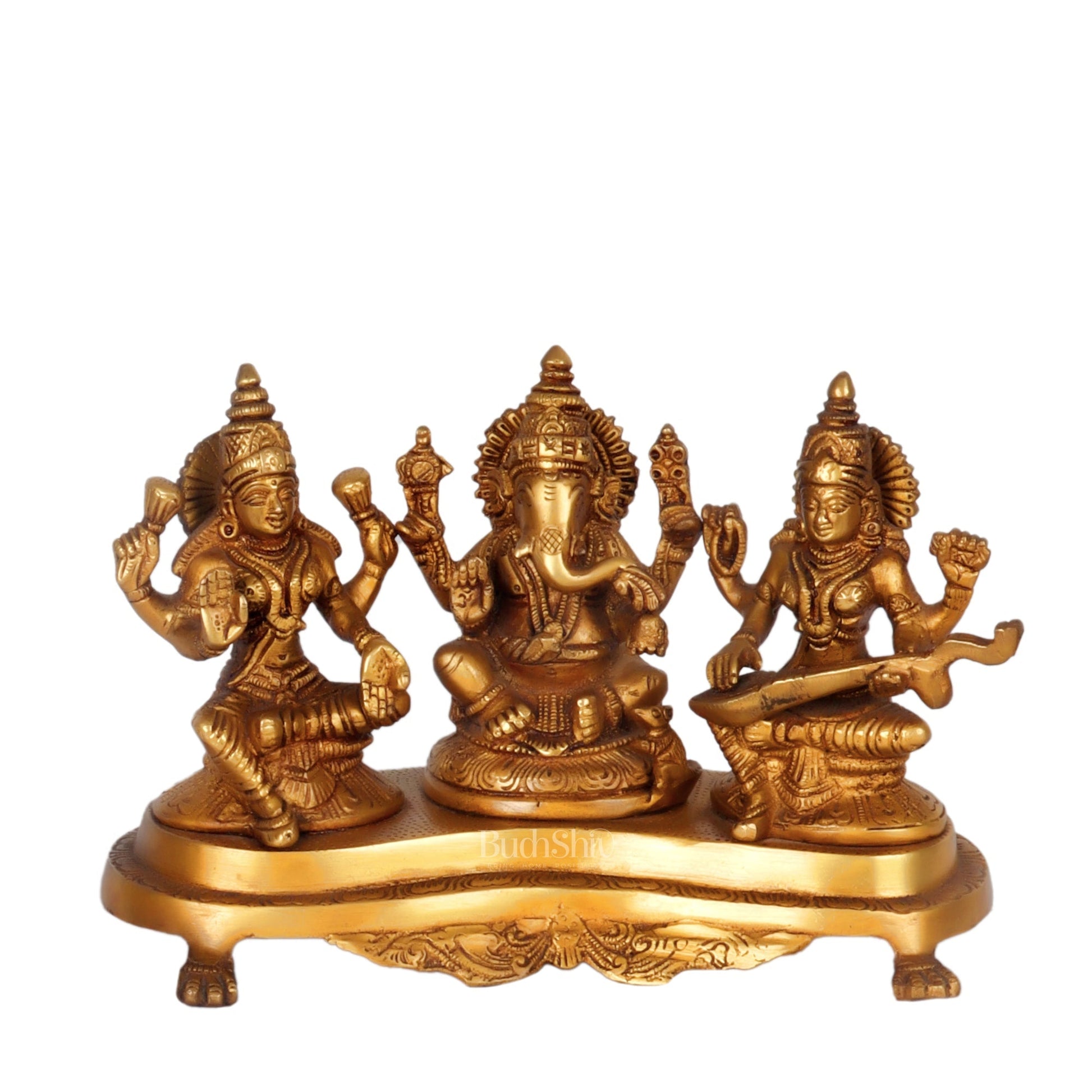 Ganesha Lakshmi Saraswati Brass Idol -6.5" golden