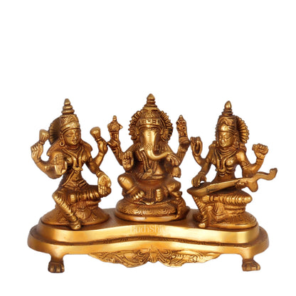 Ganesha Lakshmi Saraswati Brass Idol -6.5" golden