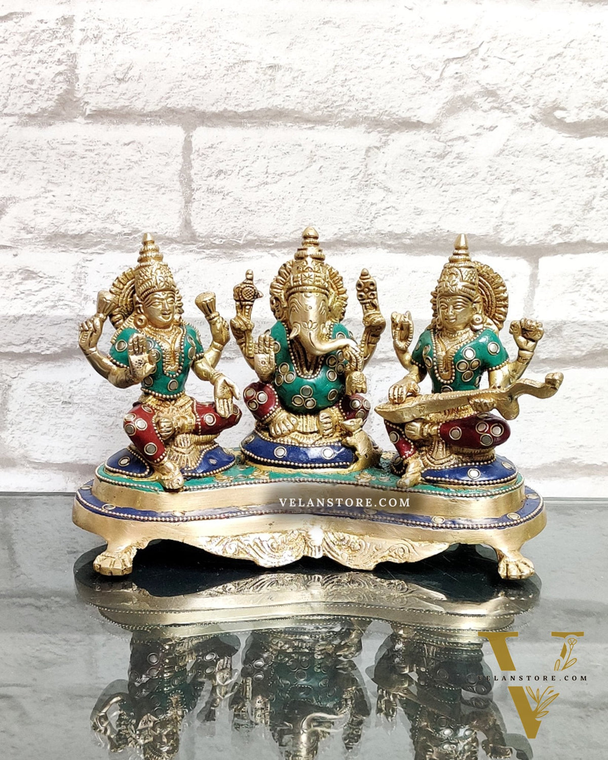 Ganesha Lakshmi Saraswati Brass Idol - Abundance and Wisdom 6.5"