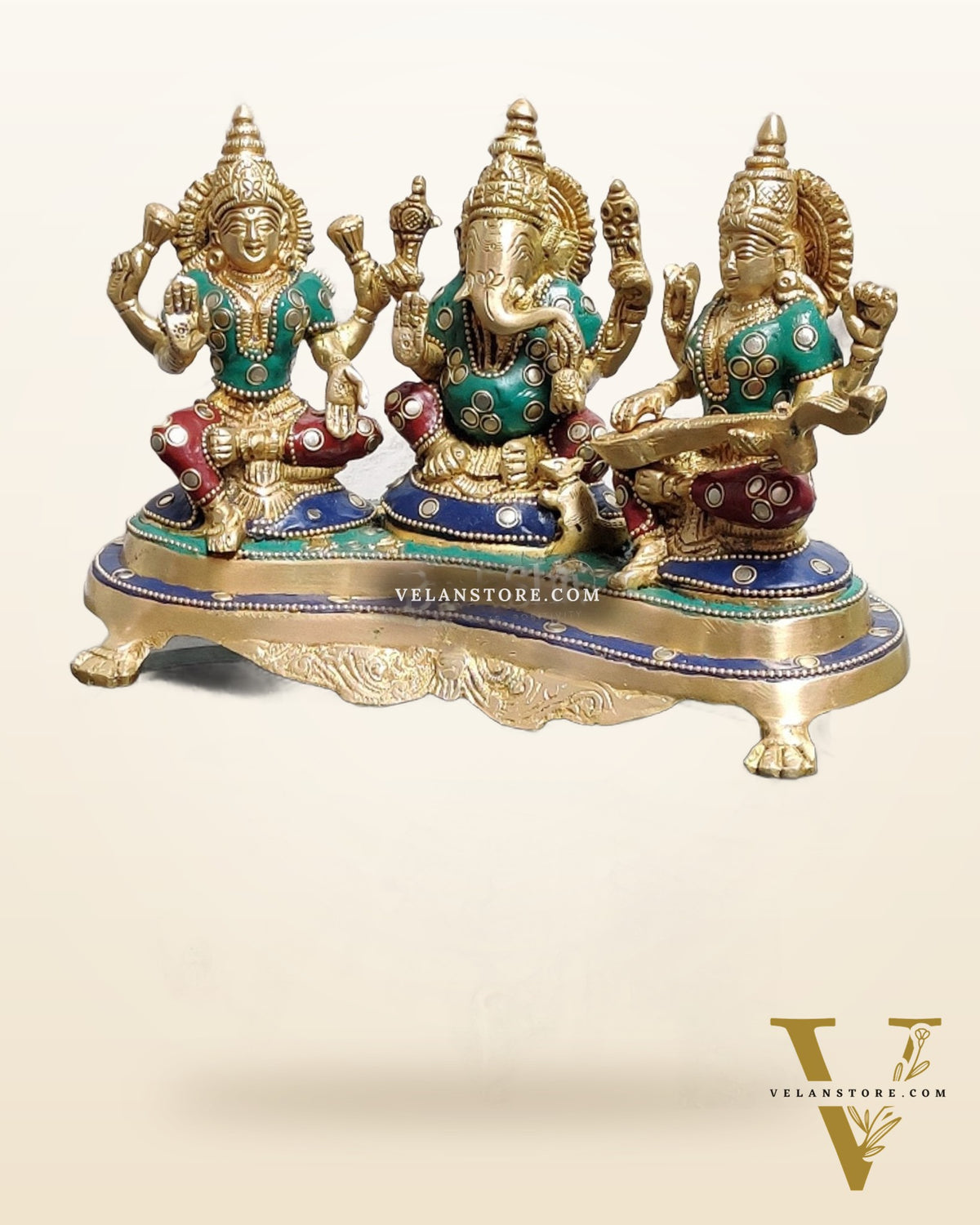 Ganesha Lakshmi Saraswati Brass Idol - Abundance and Wisdom 6.5"