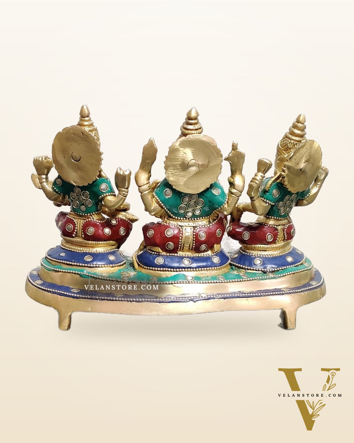 Ganesha Lakshmi Saraswati Brass Idol - Abundance and Wisdom 6.5"