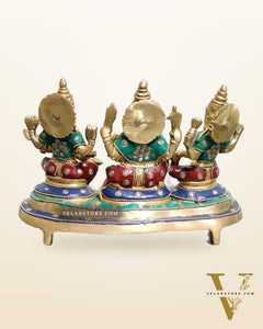 Ganesha Lakshmi Saraswati Brass Idol - Abundance and Wisdom 6.5"