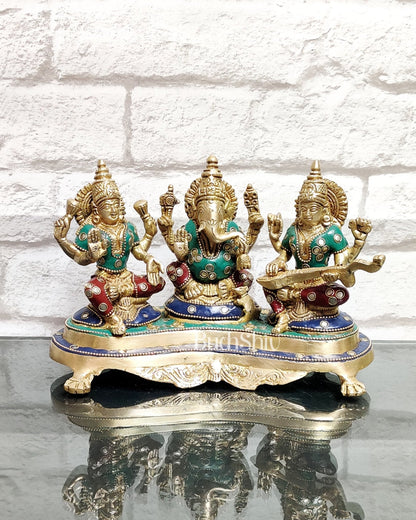 Ganesha Lakshmi Saraswati Brass Idol - Abundance and Wisdom 6.5"