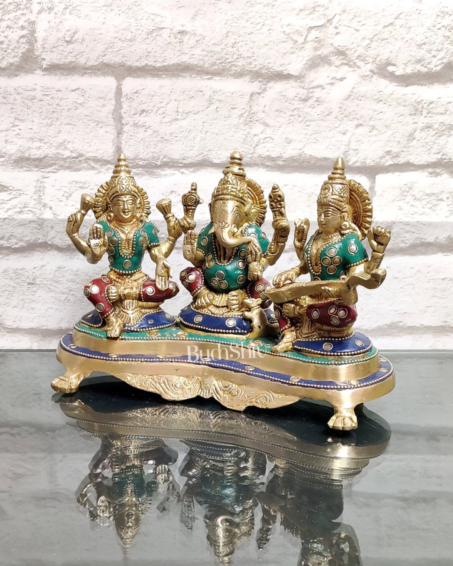 Ganesha Lakshmi Saraswati Brass Idol - Abundance and Wisdom 6.5"