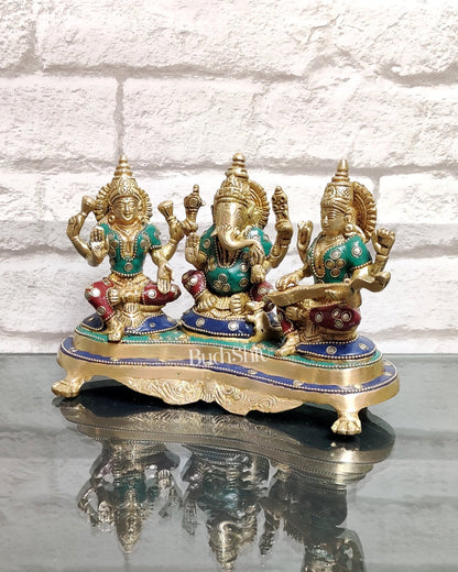 Ganesha Lakshmi Saraswati Brass Idol - Abundance and Wisdom 6.5"