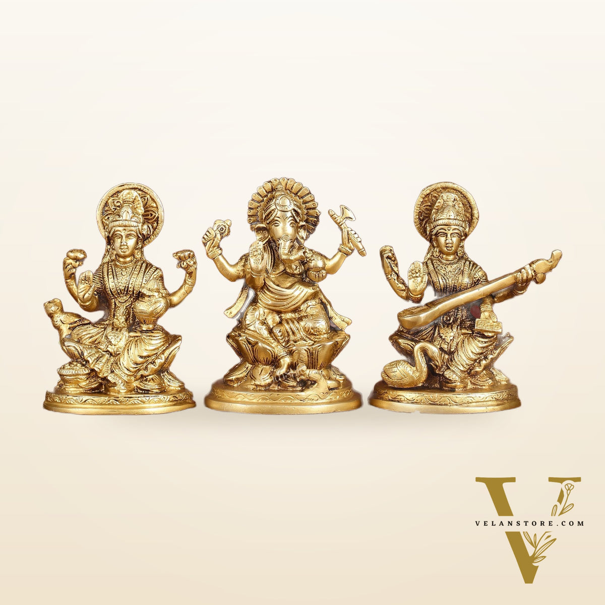 Ganesha Lakshmi Saraswati Brass Idol Set -  5" antique tone