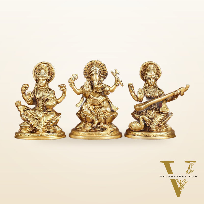 Ganesha Lakshmi Saraswati Brass Idol Set -  5" antique tone