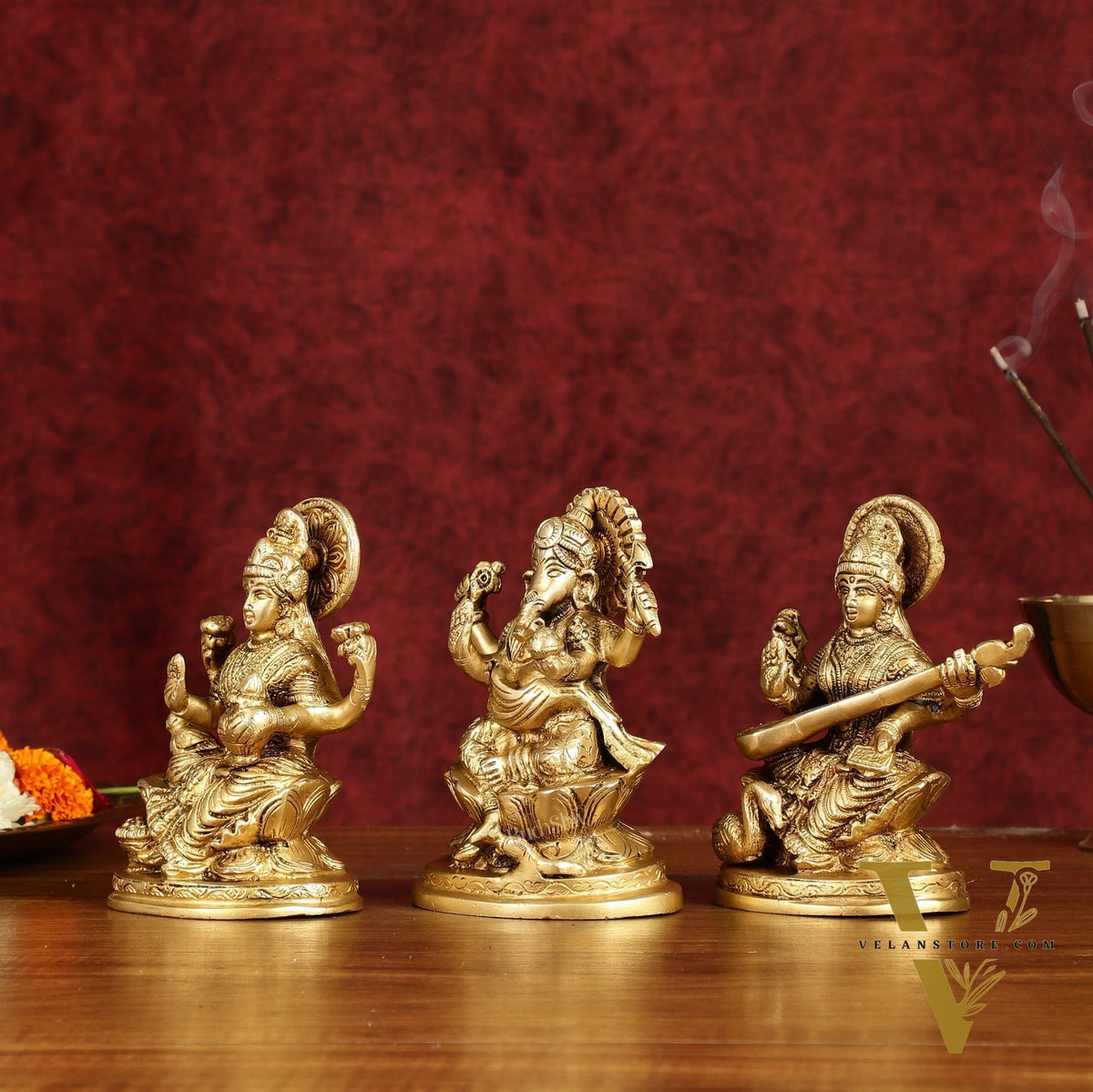 Ganesha Lakshmi Saraswati Brass Idol Set -  5" antique tone