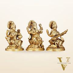 Ganesha Lakshmi Saraswati Brass Idol Set -  5" antique tone