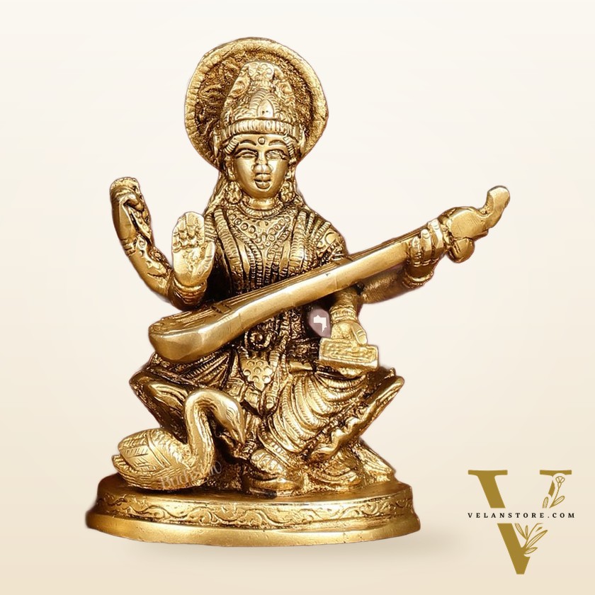 Ganesha Lakshmi Saraswati Brass Idol Set -  5" antique tone