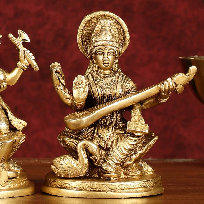 Ganesha Lakshmi Saraswati Brass Idol Set -  5" antique tone