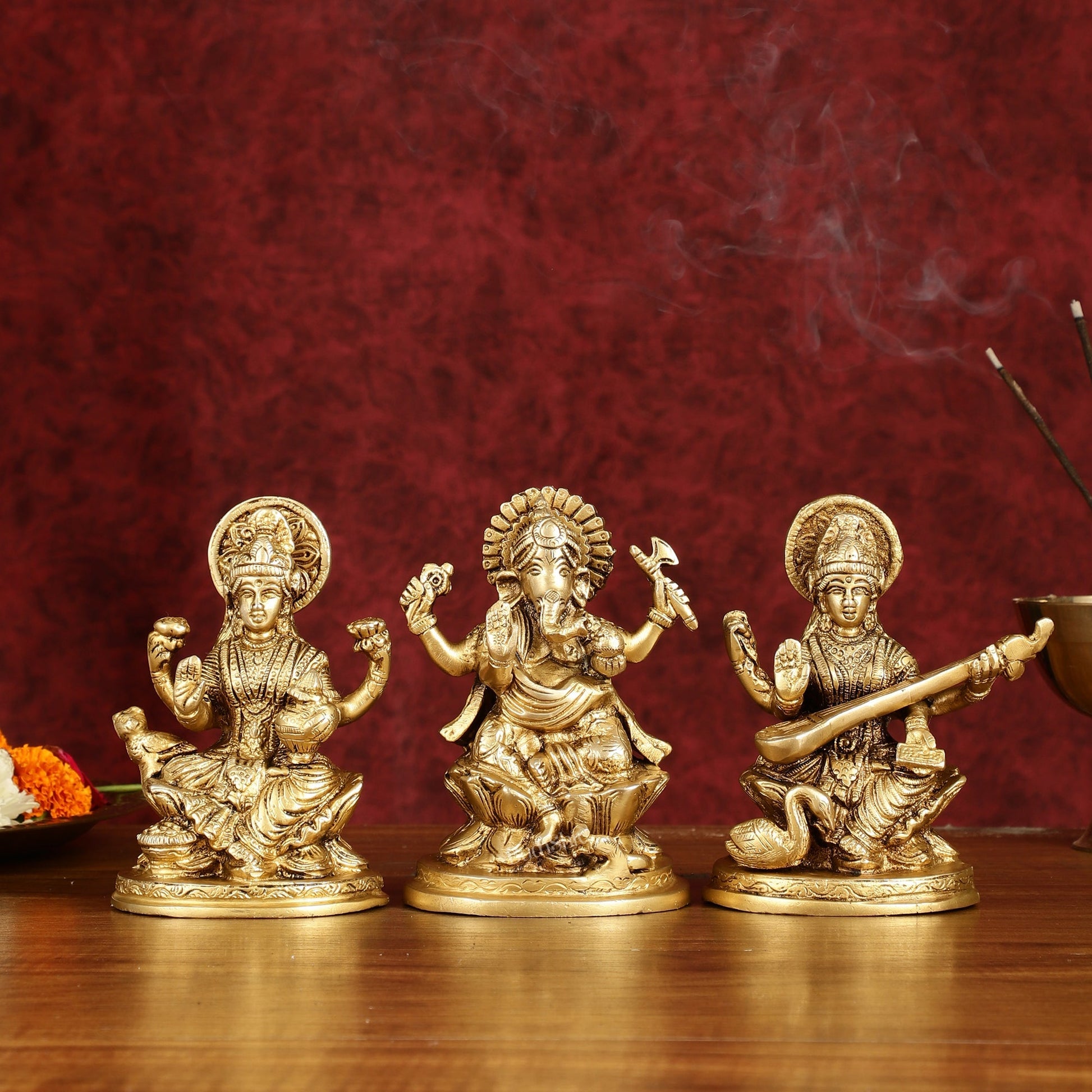 Ganesha Lakshmi Saraswati Brass Idol Set -  5" antique tone