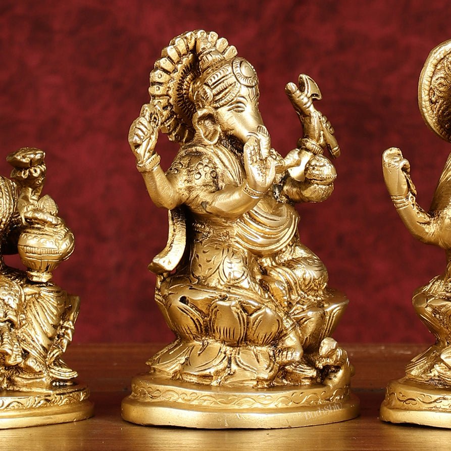 Ganesha Lakshmi Saraswati Brass Idol Set -  5" antique tone