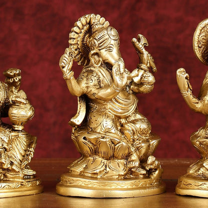 Ganesha Lakshmi Saraswati Brass Idol Set -  5" antique tone