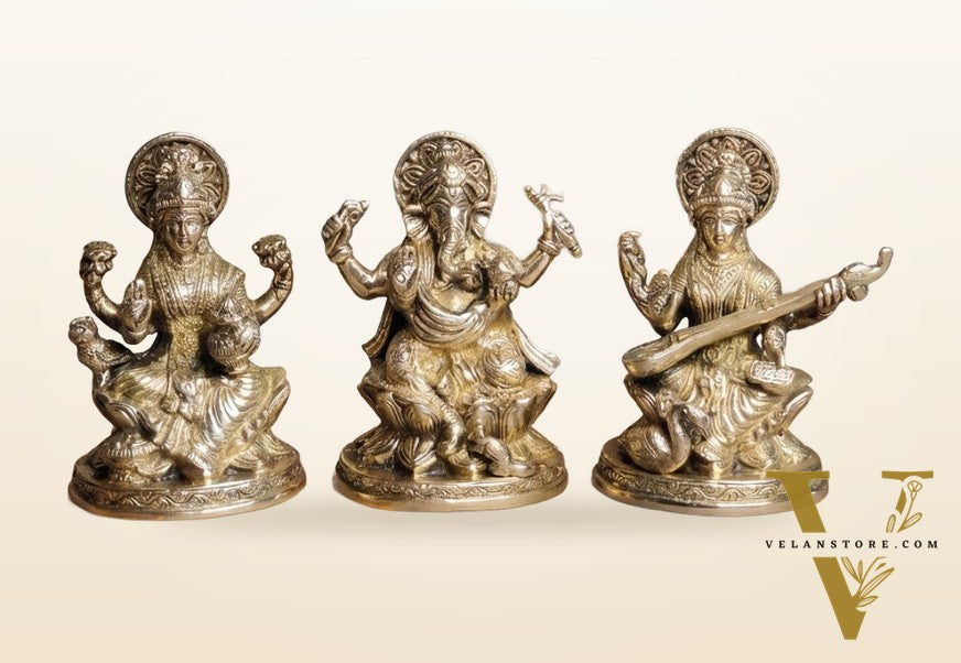 Ganesha Lakshmi Saraswati Brass Idol Set -  5"
