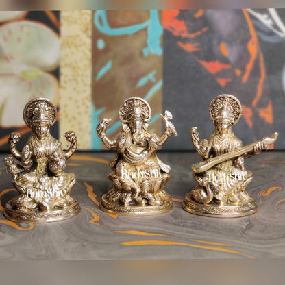 Ganesha Lakshmi Saraswati Brass Idol Set -  5"