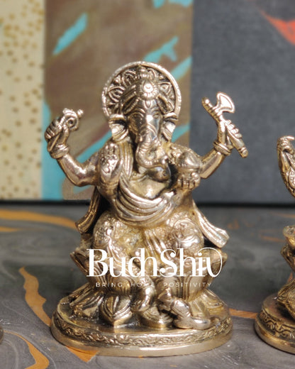 Ganesha Lakshmi Saraswati Brass Idol Set -  5"