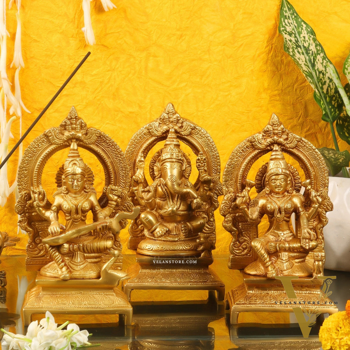Ganesha, Lakshmi, Saraswati - Brass Idols 7 inches