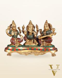 Ganesha Lakshmi Saraswati Brass Idols with meenakari stonework 6.5"
