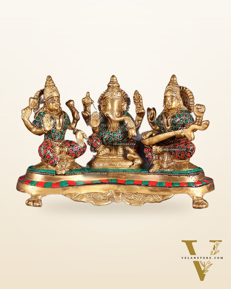 Ganesha Lakshmi Saraswati Brass Idols with meenakari stonework 6.5"