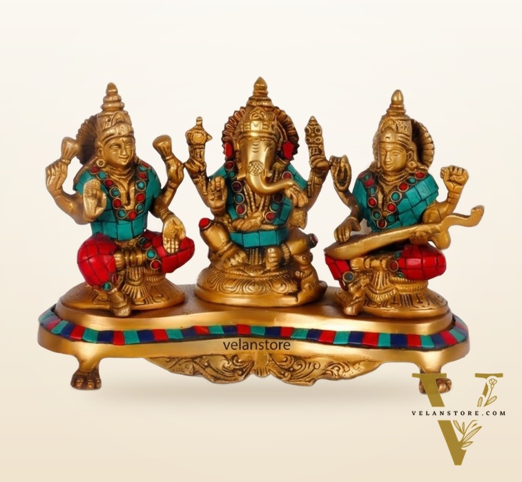 Ganesha Lakshmi Saraswati Brass Idols with meenakari stonework 6.5"