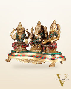 Ganesha Lakshmi Saraswati Brass Idols with meenakari stonework 6.5"