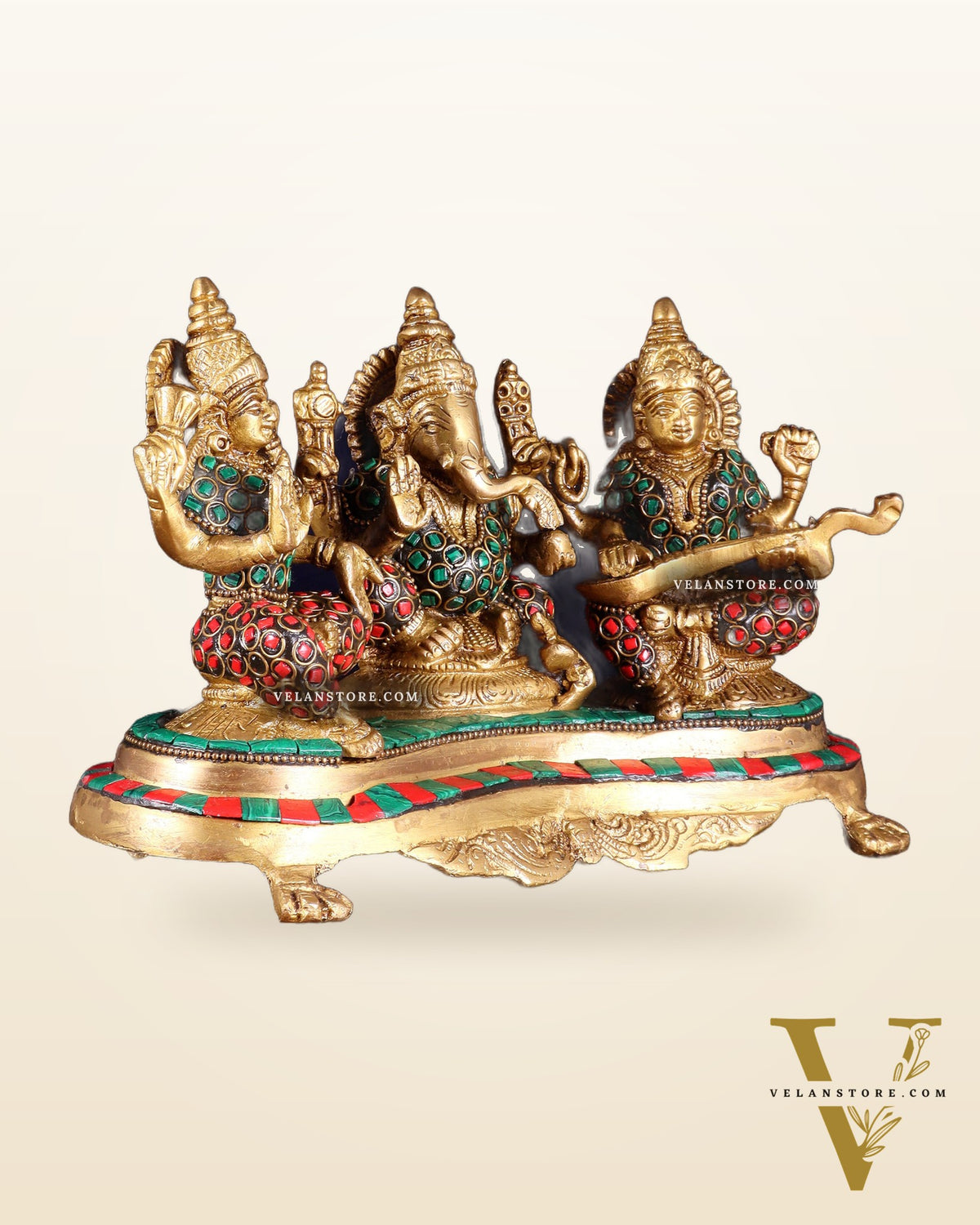 Ganesha Lakshmi Saraswati Brass Idols with meenakari stonework 6.5"