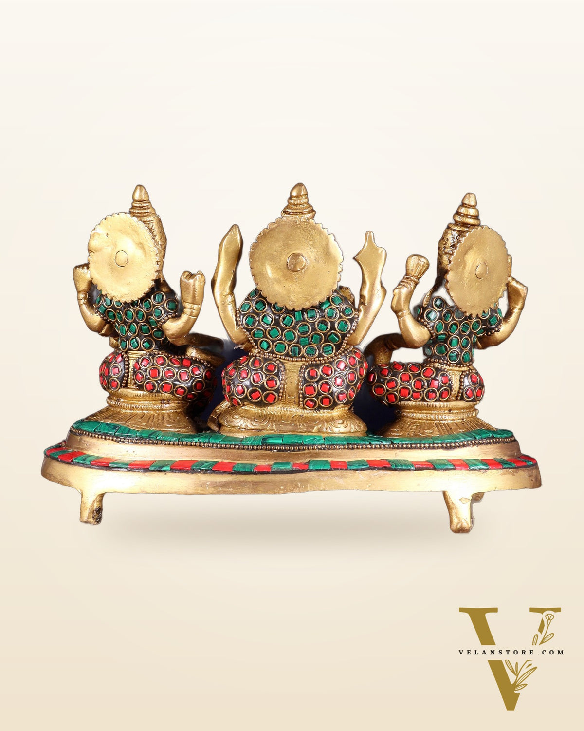 Ganesha Lakshmi Saraswati Brass Idols with meenakari stonework 6.5"