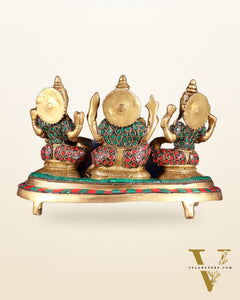 Ganesha Lakshmi Saraswati Brass Idols with meenakari stonework 6.5"