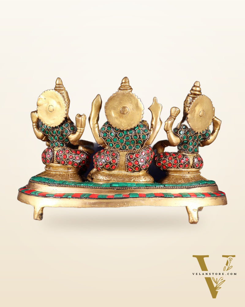 Ganesha Lakshmi Saraswati Brass Idols with meenakari stonework 6.5"