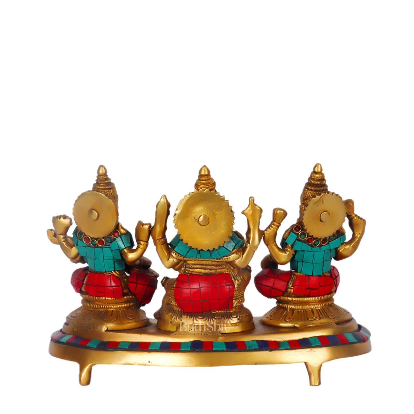 Ganesha Lakshmi Saraswati Brass Idols with meenakari stonework 6.5"