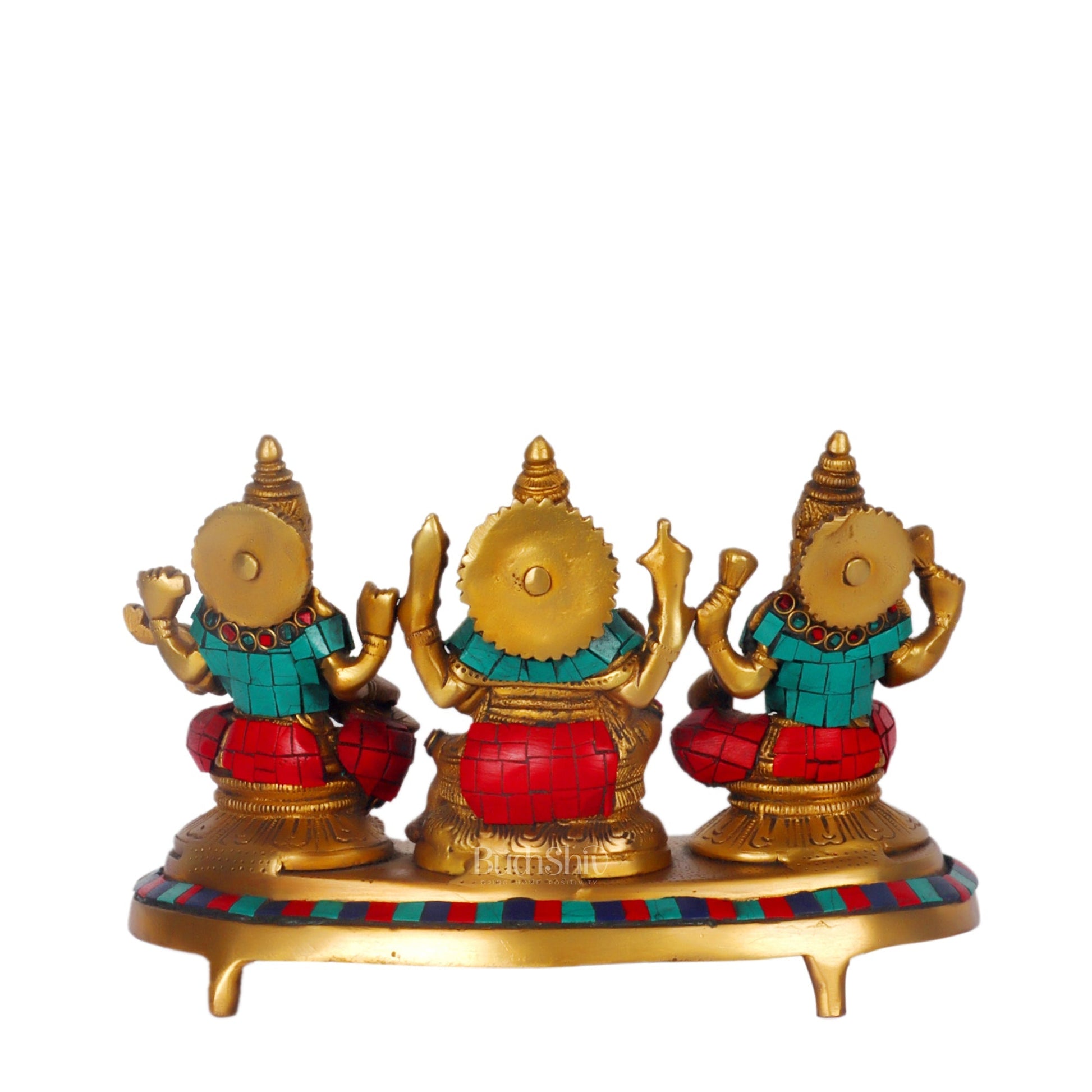 Ganesha Lakshmi Saraswati Brass Idols with meenakari stonework 6.5"