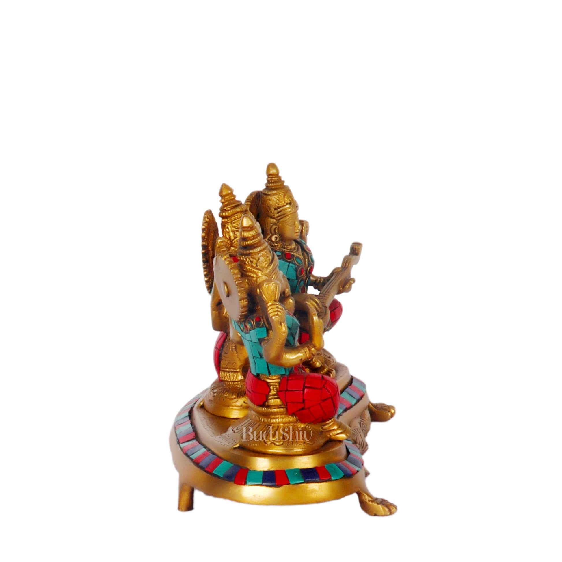 Ganesha Lakshmi Saraswati Brass Idols with meenakari stonework 6.5"