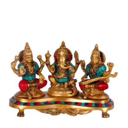 Ganesha Lakshmi Saraswati Brass Idols with meenakari stonework 6.5"