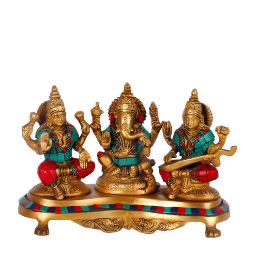 Ganesha Lakshmi Saraswati Brass Idols with meenakari stonework 6.5"