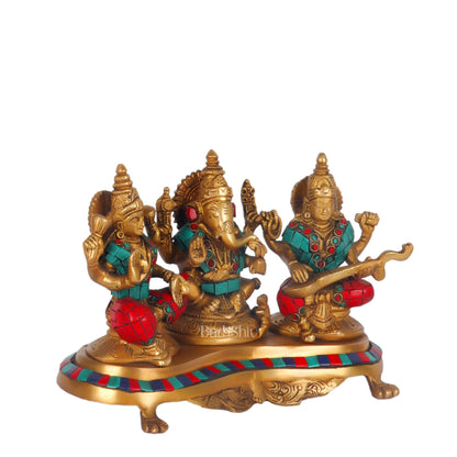Ganesha Lakshmi Saraswati Brass Idols with meenakari stonework 6.5"
