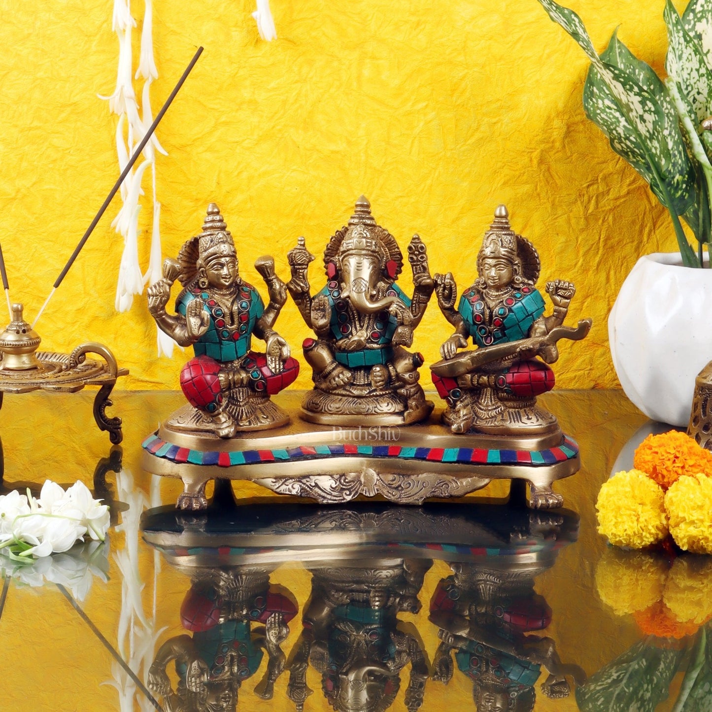 Ganesha Lakshmi Saraswati Brass Idols with meenakari stonework 6.5"