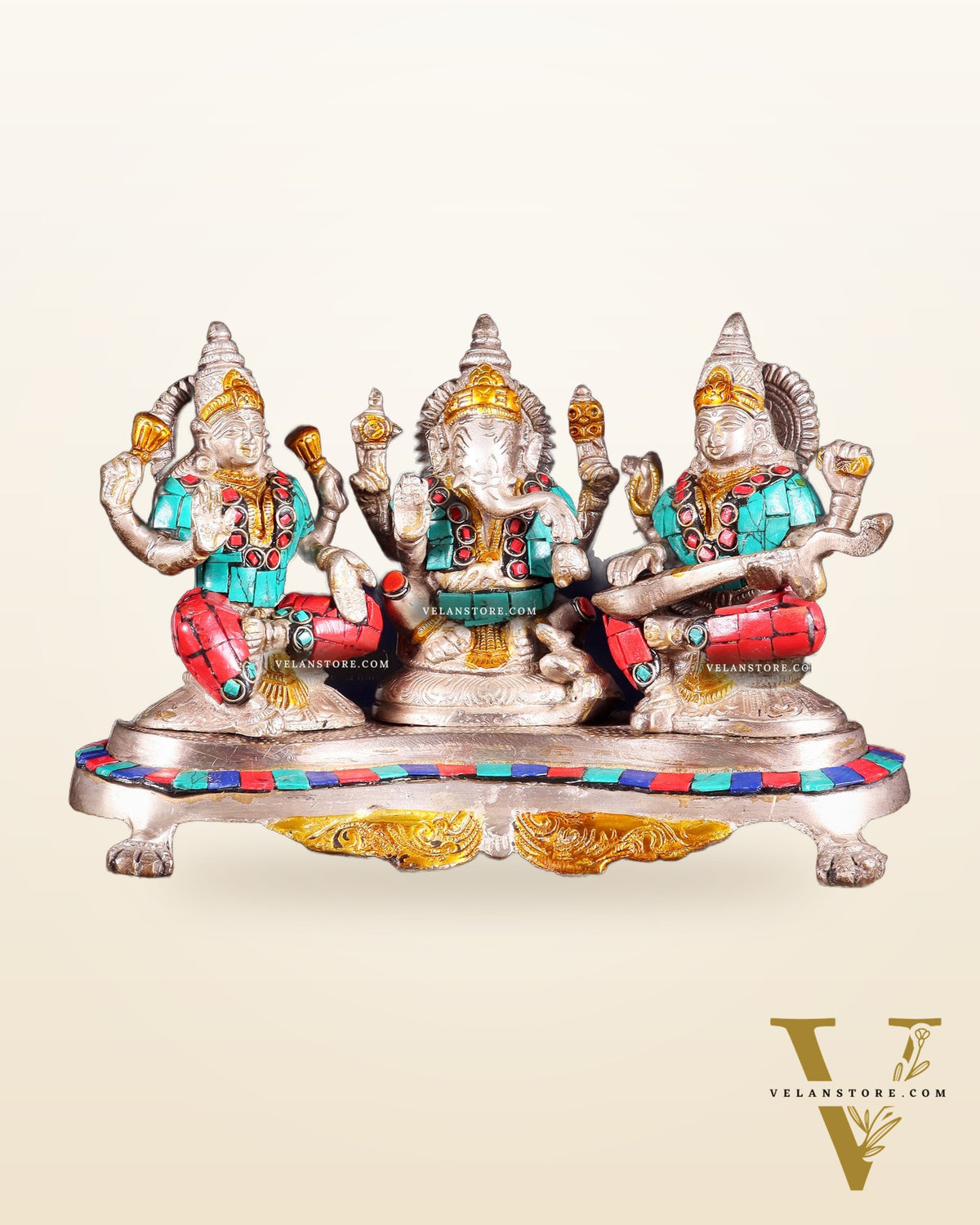 Ganesha Lakshmi Saraswati Brass Silver plated Idol with stonework 6.5"