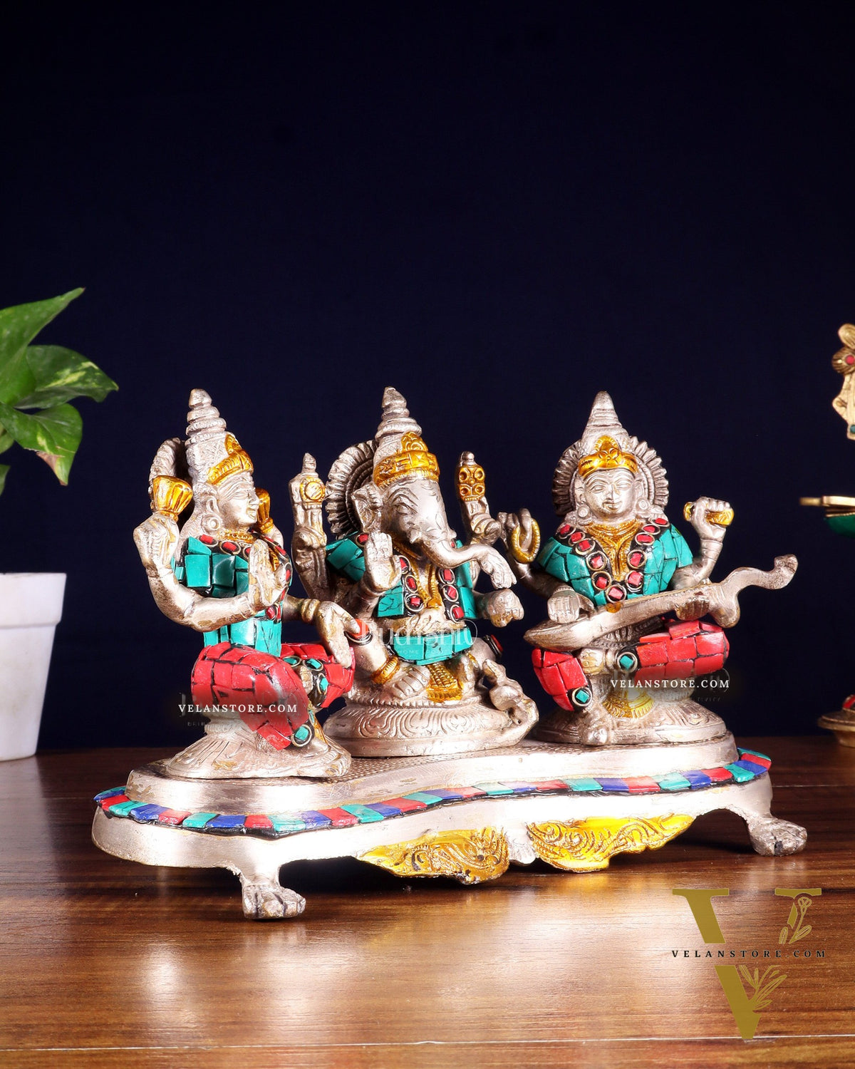 Ganesha Lakshmi Saraswati Brass Silver plated Idol with stonework 6.5"