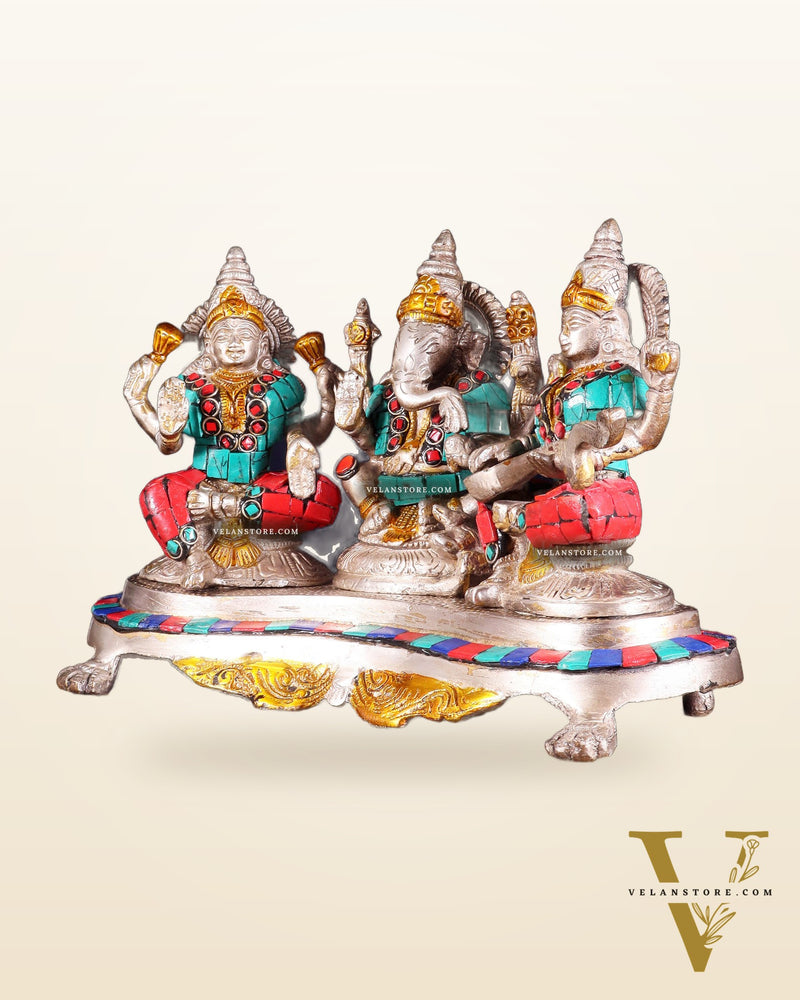 Ganesha Lakshmi Saraswati Brass Silver plated Idol with stonework 6.5"